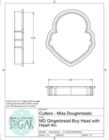 Miss Doughmestic Gingerbread Boy Head with Heart Cookie Cutter or Fondant Cutter