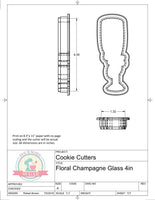 Floral Champagne Glass (Super Skinny) Cookie Cutter or Fondant Cutter